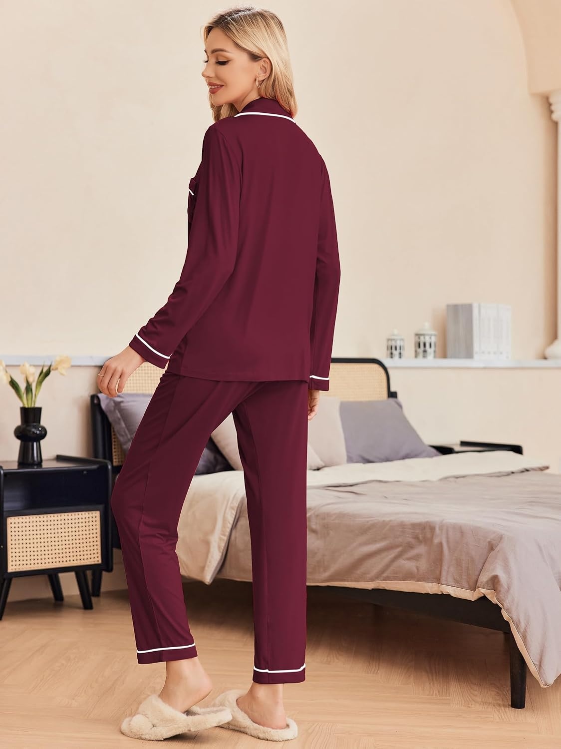 image:imageEkouaer Pajamas Womens Long Sleeve Sleepwear Button Down Loungewear Pjs SetWine Red