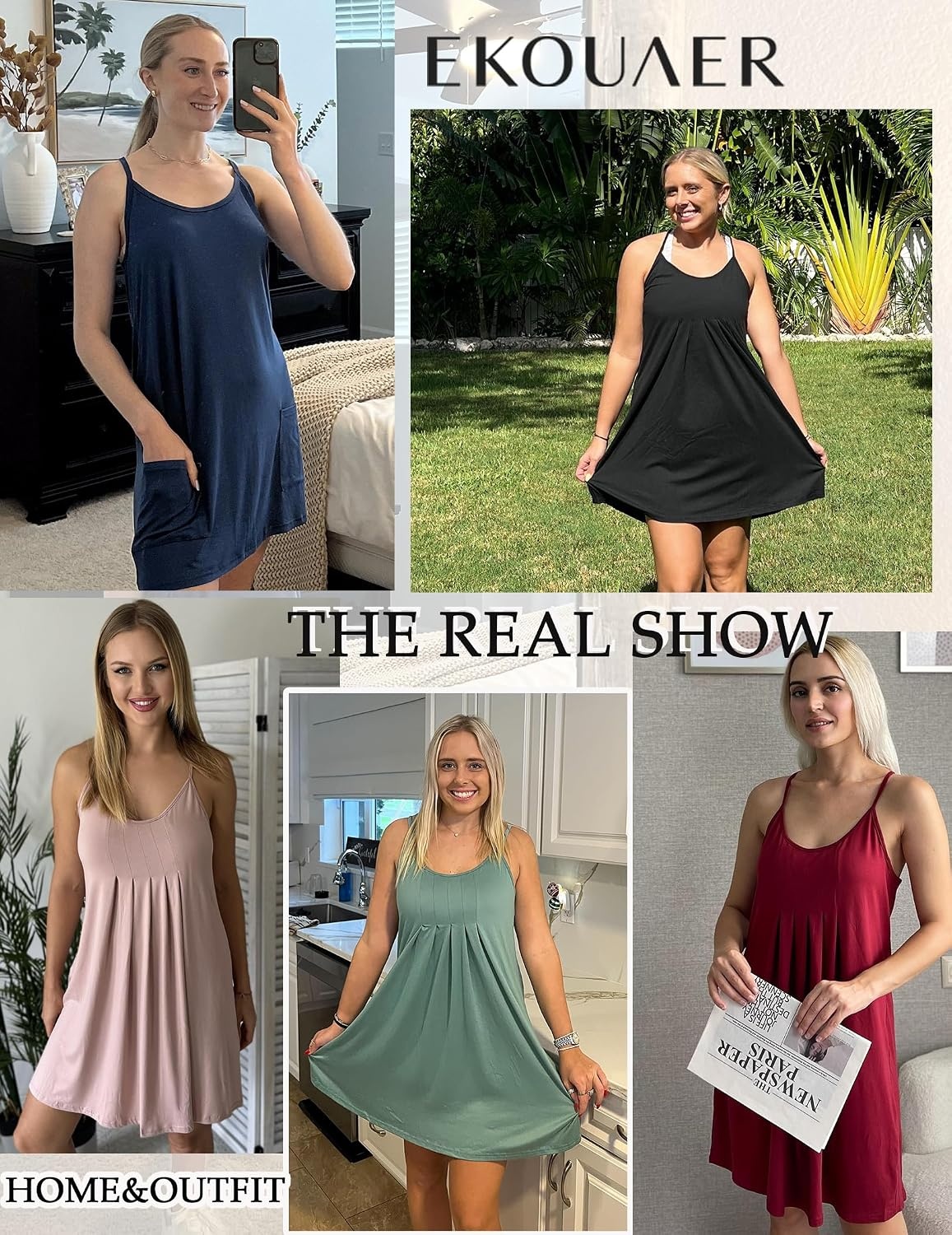 image:imageEkouaer Womens Racerback Sleeveless Nightgown Night Dress Soft Sleep Shirts Adjustable Spaghetti Strap Nightgown Aline Fit Any Figure Easywearing Sleepwear Nighty for Special Night Lounge OutsideGrey Green