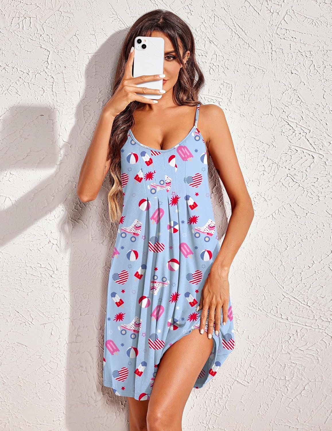 image:imageEkouaer Womens Racerback Sleeveless Nightgown Night Dress Soft Sleep Shirts Adjustable Spaghetti Strap Nightgown Aline Fit Any Figure Easywearing Sleepwear Nighty for Special Night Lounge OutsideFlag Blue