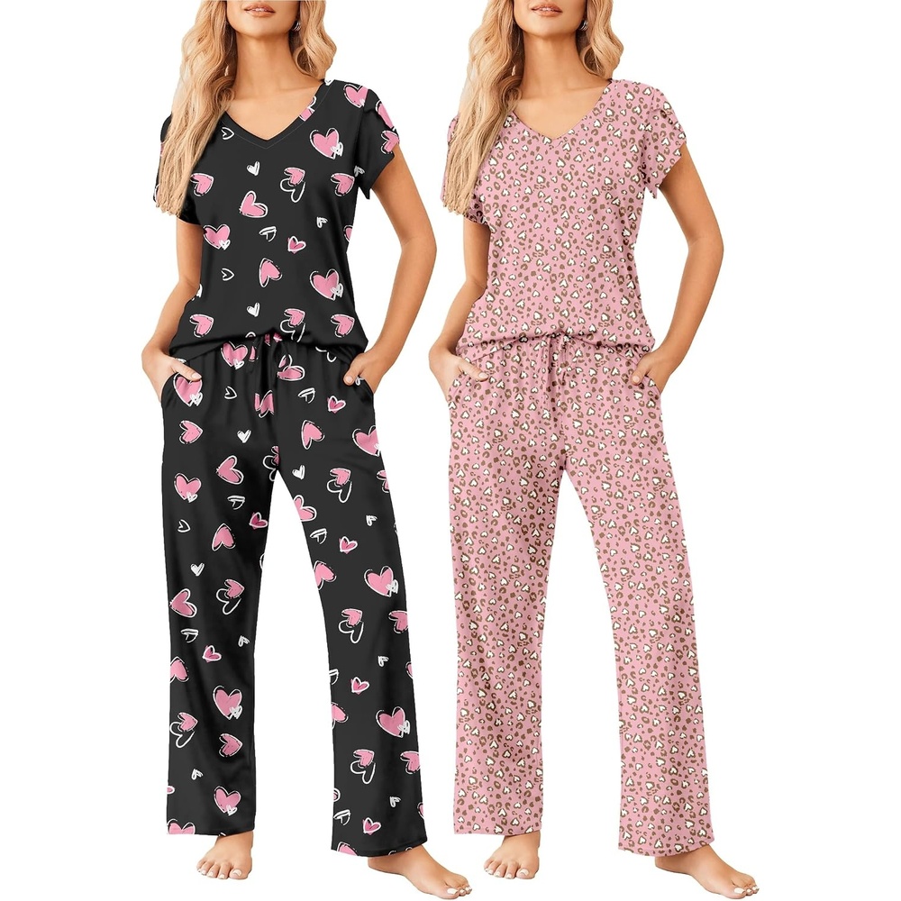 image:imageEkouaer 2 Pack Womens Pajama Set Short Sleeve Sleepwear Soft Pjs Lounge SetBlack Pink HeartsPink White Hearts