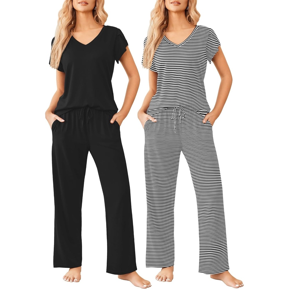 image:imageEkouaer 2 Pack Womens Pajama Set Short Sleeve Sleepwear Soft Pjs Lounge SetBlackBlack Stripe