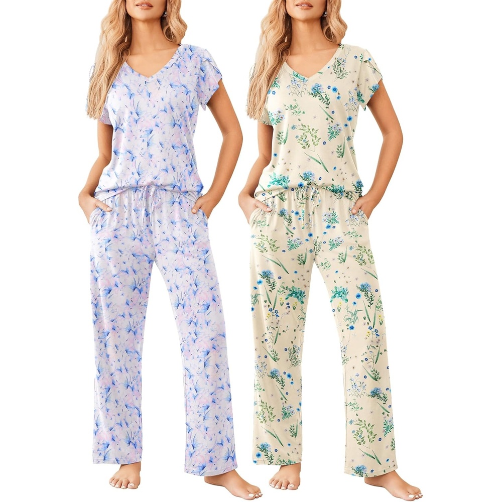 image:imageEkouaer 2 Pack Womens Pajama Set Short Sleeve Sleepwear Soft Pjs Lounge SetBlue ButterflyBlue Floral