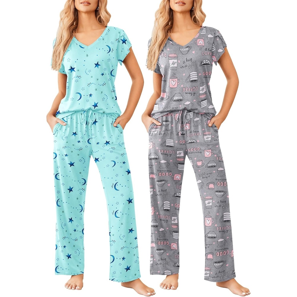 image:imageEkouaer 2 Pack Womens Pajama Set Short Sleeve Sleepwear Soft Pjs Lounge SetCoffee GrayStar Blue