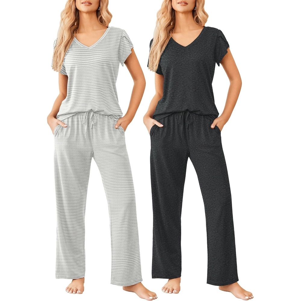 image:imageEkouaer 2 Pack Womens Pajama Set Short Sleeve Sleepwear Soft Pjs Lounge SetGray Gray Stripe