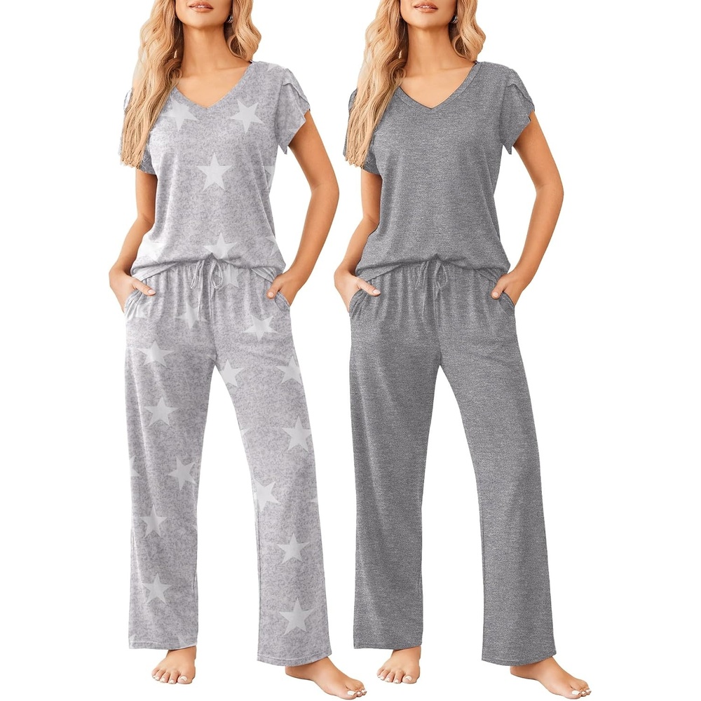 image:imageEkouaer 2 Pack Womens Pajama Set Short Sleeve Sleepwear Soft Pjs Lounge SetGray StarGray