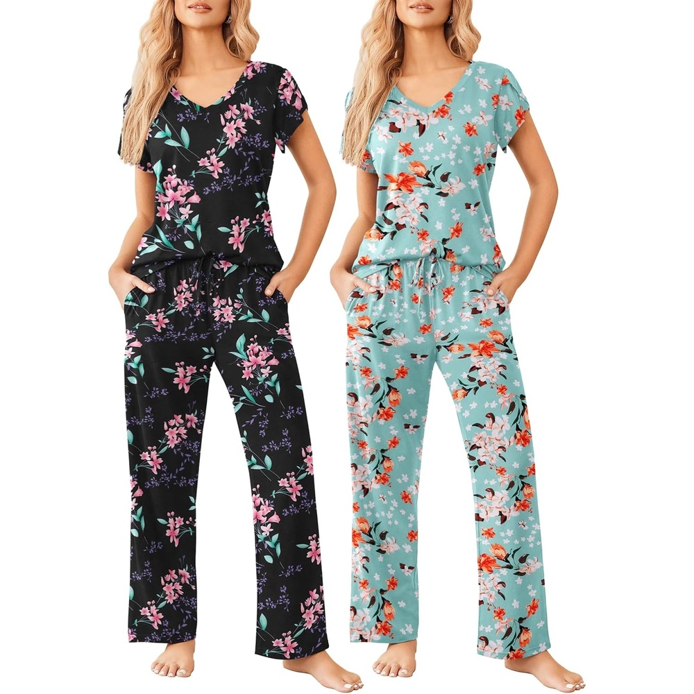 image:imageEkouaer 2 Pack Womens Pajama Set Short Sleeve Sleepwear Soft Pjs Lounge SetGreen FlowerBlack Flower