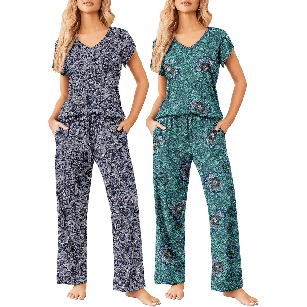 image:imageEkouaer 2 Pack Womens Pajama Set Short Sleeve Sleepwear Soft Pjs Lounge SetNavy Cashew FlowersBlue Green Mandala Pattern