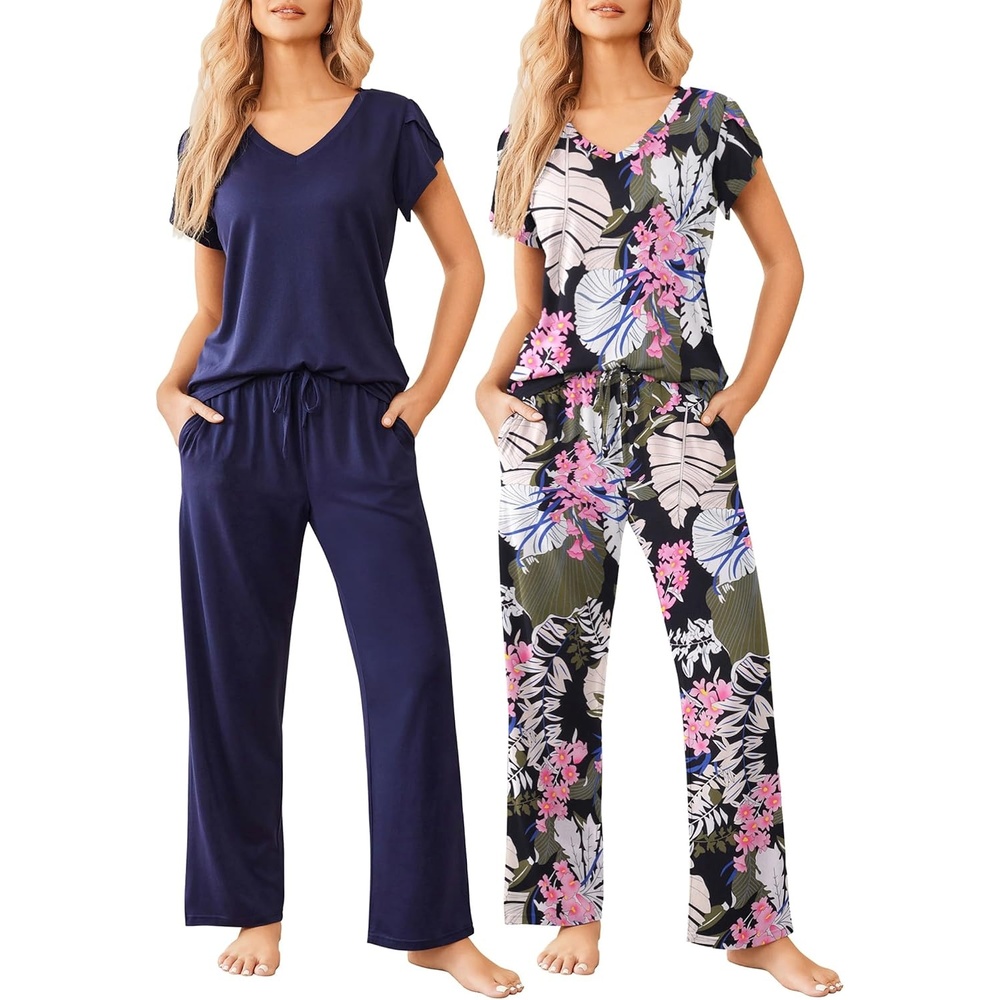image:imageEkouaer 2 Pack Womens Pajama Set Short Sleeve Sleepwear Soft Pjs Lounge SetNavyLeaf Pink