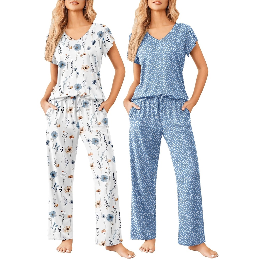 image:imageEkouaer 2 Pack Womens Pajama Set Short Sleeve Sleepwear Soft Pjs Lounge SetWhite FloralBlue Floral