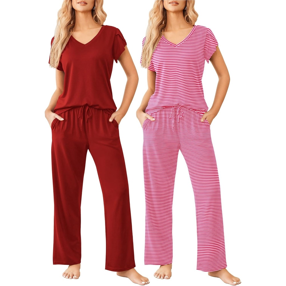image:imageEkouaer 2 Pack Womens Pajama Set Short Sleeve Sleepwear Soft Pjs Lounge SetWine RedRed Stripe