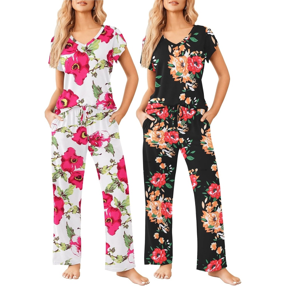 image:imageEkouaer 2 Pack Womens Pajama Set Short Sleeve Sleepwear Soft Pjs Lounge SetZblack FlowerWhite Flower