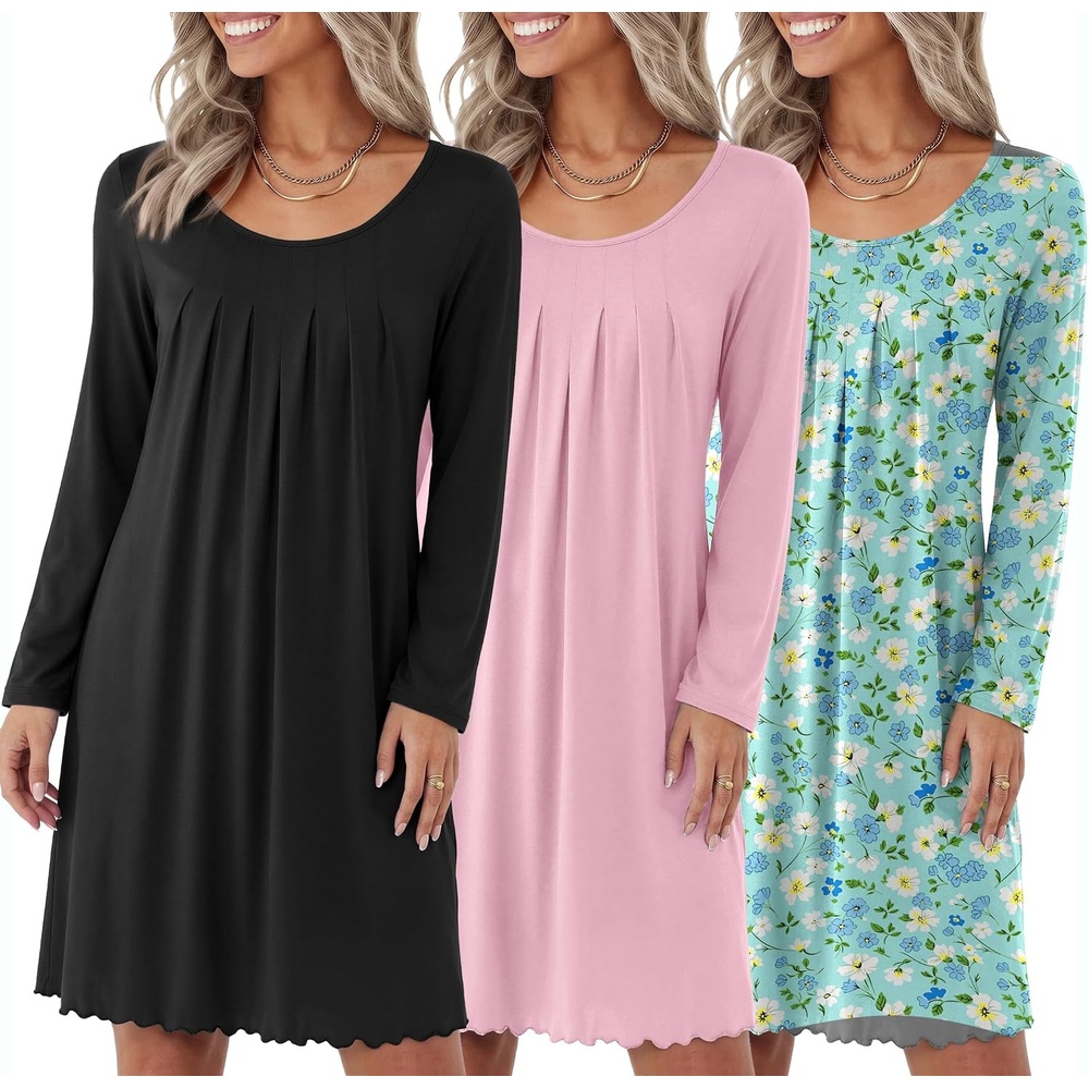 image:imageEkouaer 3 Pack Womens Long Sleeve Nightgowns Soft Sleep Shirt Sleepwear Multipieces Night Gowns Aline Loose Night Dress Above Knee Short Nightshirt Gardening Floral House Dress Vacation DressBlack light Pink blue Floral