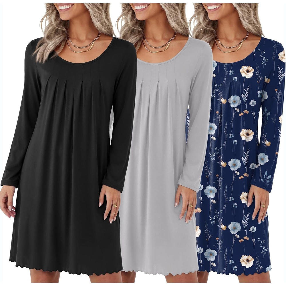 image:imageEkouaer 3 Pack Womens Long Sleeve Nightgowns Soft Sleep Shirt Sleepwear  Multipieces Night Gowns Aline Loose Night Dress Above Knee Short Nightshirt Gardening Floral House Dress Vacation DressBlack grey navy Flower