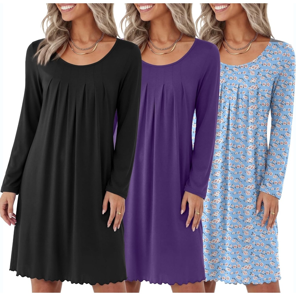 image:imageEkouaer 3 Pack Womens Long Sleeve Nightgowns Soft Sleep Shirt Sleepwear Multipieces Night Gowns Aline Loose Night Dress Above Knee Short Nightshirt Gardening Floral House Dress Vacation DressBlack purple blue Flower