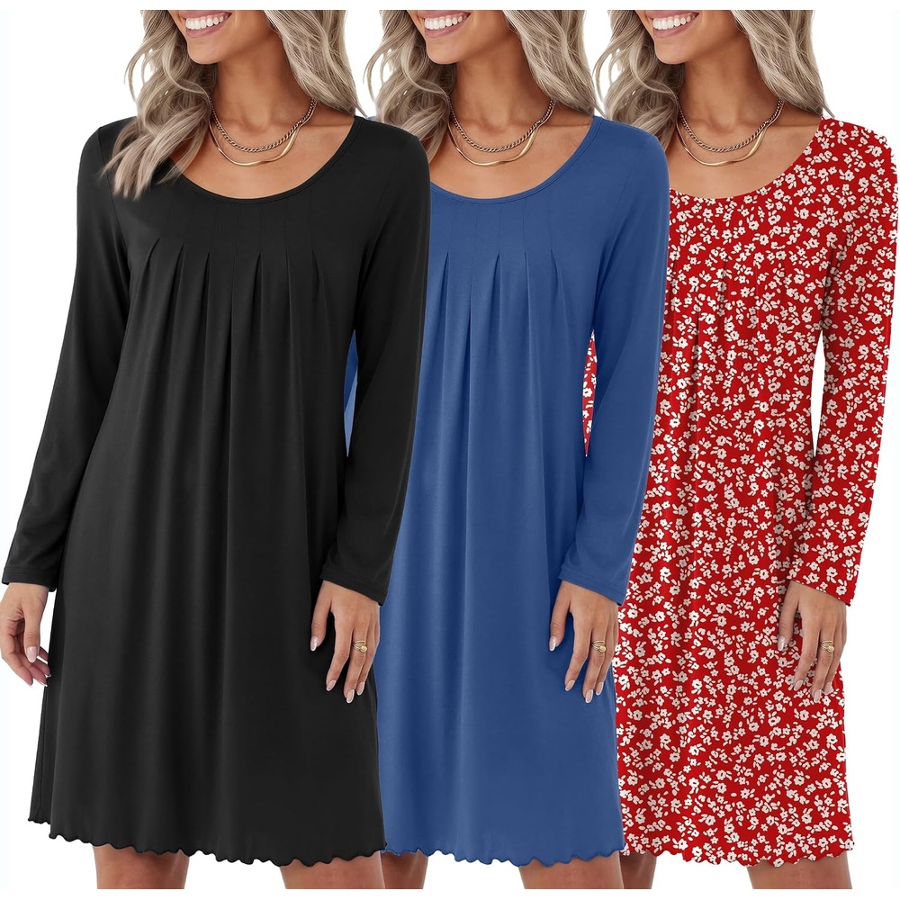 image:imageEkouaer 3 Pack Womens Long Sleeve Nightgowns Soft Sleep Shirt Sleepwear Multipieces Night Gowns Aline Loose Night Dress Above Knee Short Nightshirt Gardening Floral House Dress Vacation DressBlack navy red White Flower