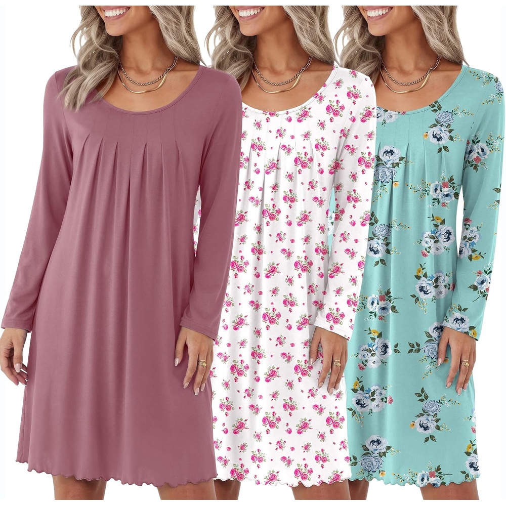 image:imageEkouaer 3 Pack Womens Long Sleeve Nightgowns Soft Sleep Shirt Sleepwear Multipieces Night Gowns Aline Loose Night Dress Above Knee Short Nightshirt Gardening Floral House Dress Vacation DressWhite Pink Flower pink green Floral