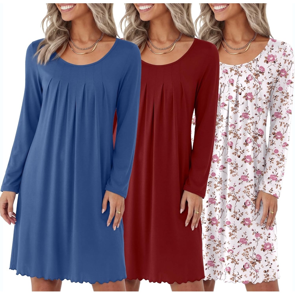 image:imageEkouaer 3 Pack Womens Long Sleeve Nightgowns Soft Sleep Shirt Sleepwear Multipieces Night Gowns Aline Loose Night Dress Above Knee Short Nightshirt Gardening Floral House Dress Vacation DressNavy wine Red white Pink Flower