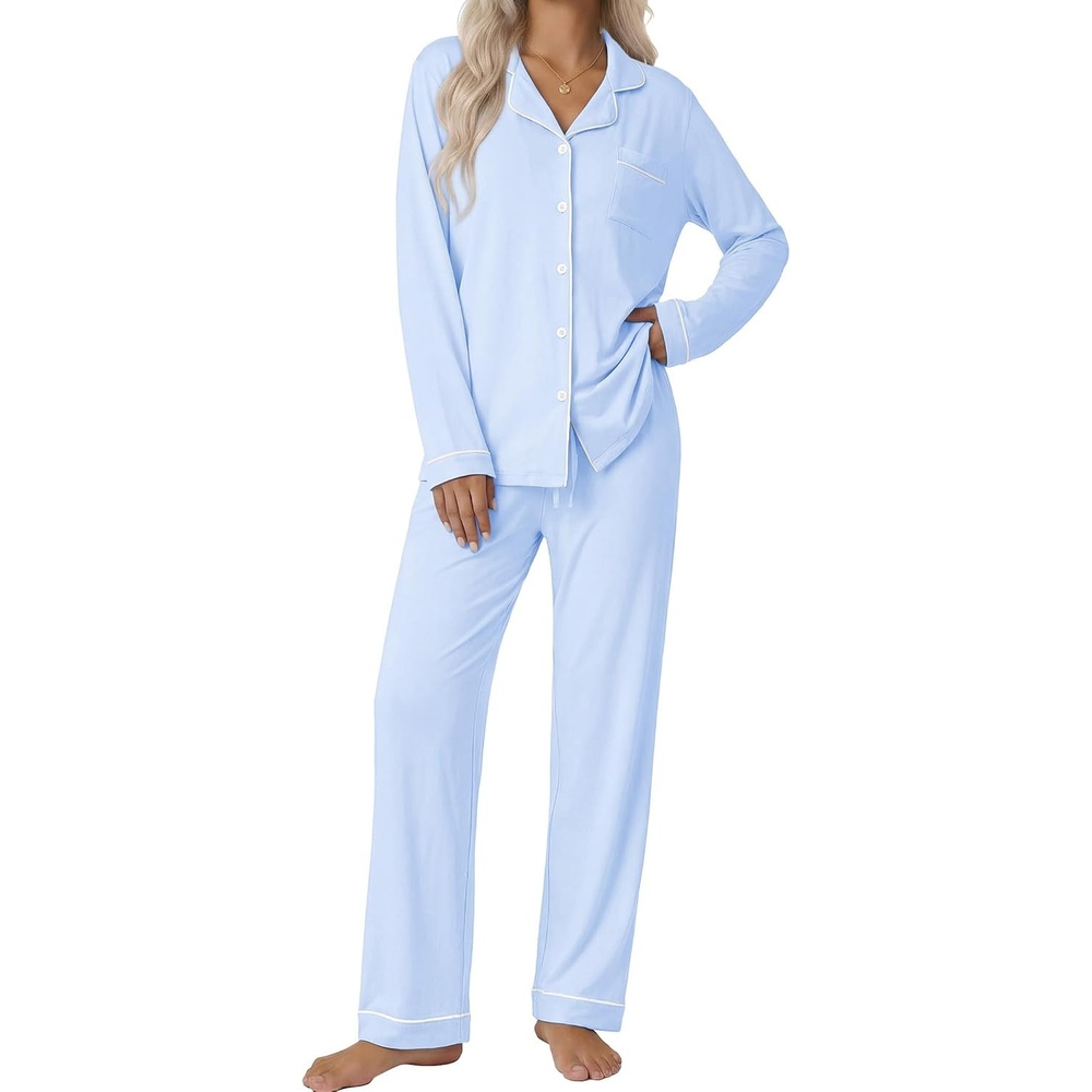 image:imageEkouaer Pajamas Womens Long Sleeve Sleepwear Button Down Loungewear Pjs SetBlue