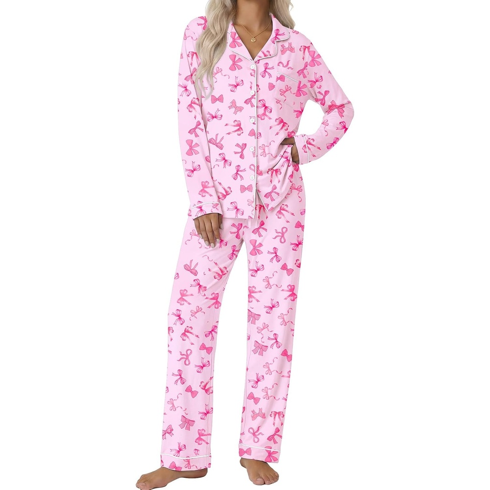 image:imageEkouaer Pajamas Womens Long Sleeve Sleepwear Button Down Loungewear Pjs SetBow Pink