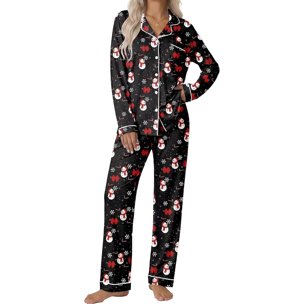 image:imageEkouaer Pajamas Womens Long Sleeve Sleepwear Button Down Loungewear Pjs SetChristmas Black With Snowman