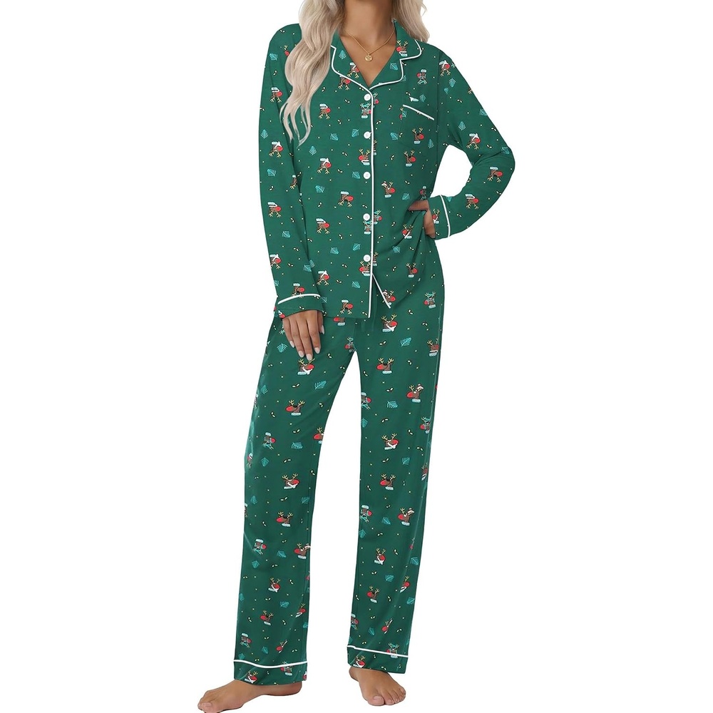 image:imageEkouaer Pajamas Womens Long Sleeve Sleepwear Button Down Loungewear Pjs SetChristmas Green With Elk