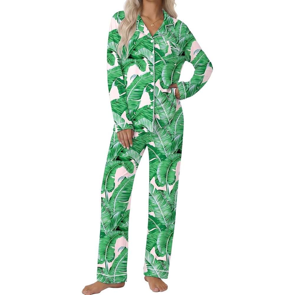 image:imageEkouaer Pajamas Womens Long Sleeve Sleepwear Button Down Loungewear Pjs SetGreen Leaves