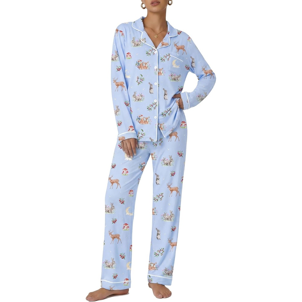image:imageEkouaer Pajamas Womens Long Sleeve Sleepwear Button Down Loungewear Pjs SetLight Blueanimal