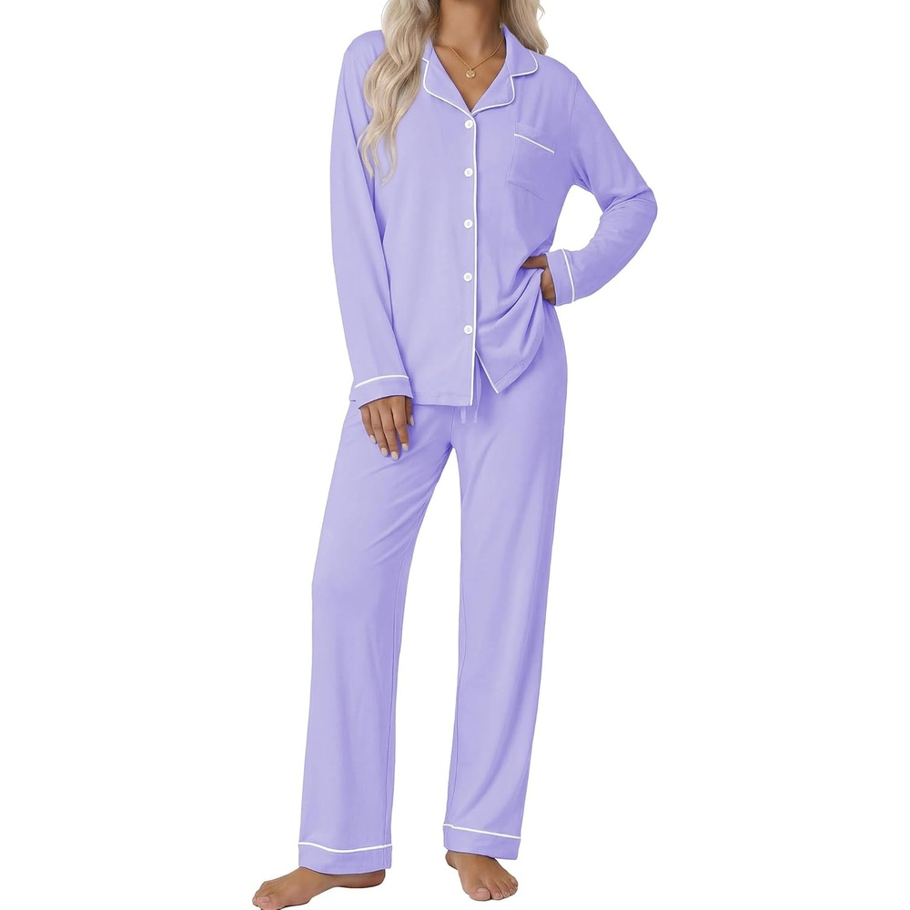image:imageEkouaer Pajamas Womens Long Sleeve Sleepwear Button Down Loungewear Pjs SetLilac