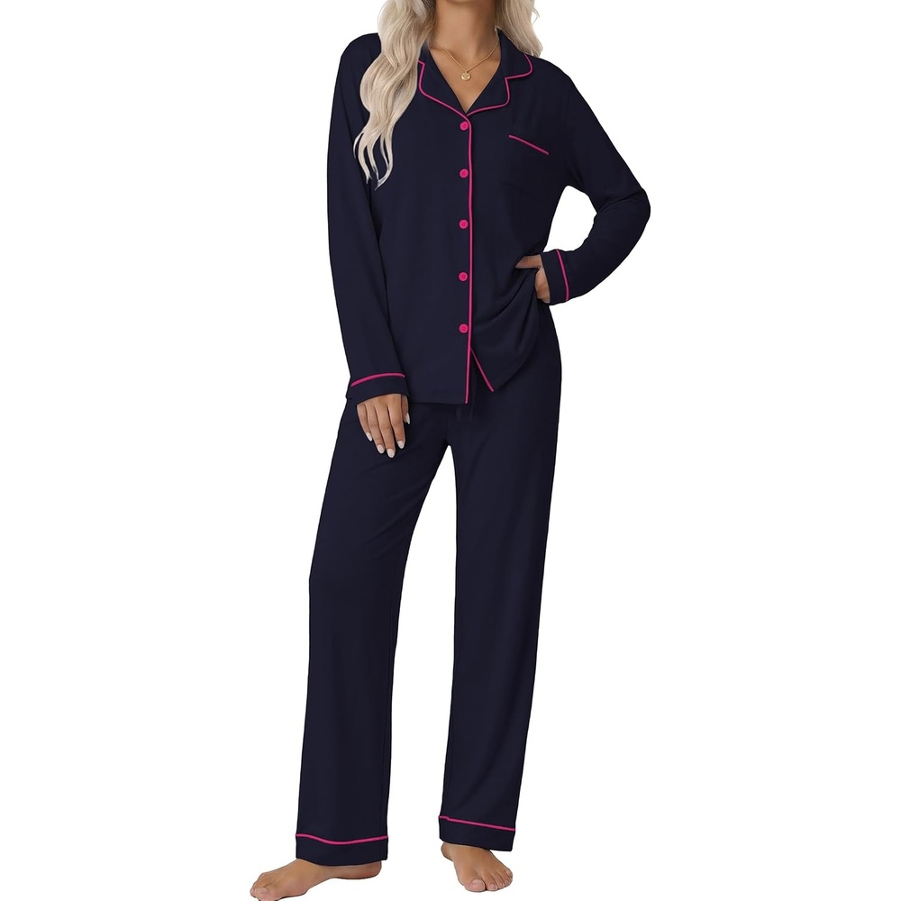 image:imageEkouaer Pajamas Womens Long Sleeve Sleepwear Button Down Loungewear Pjs SetNavy