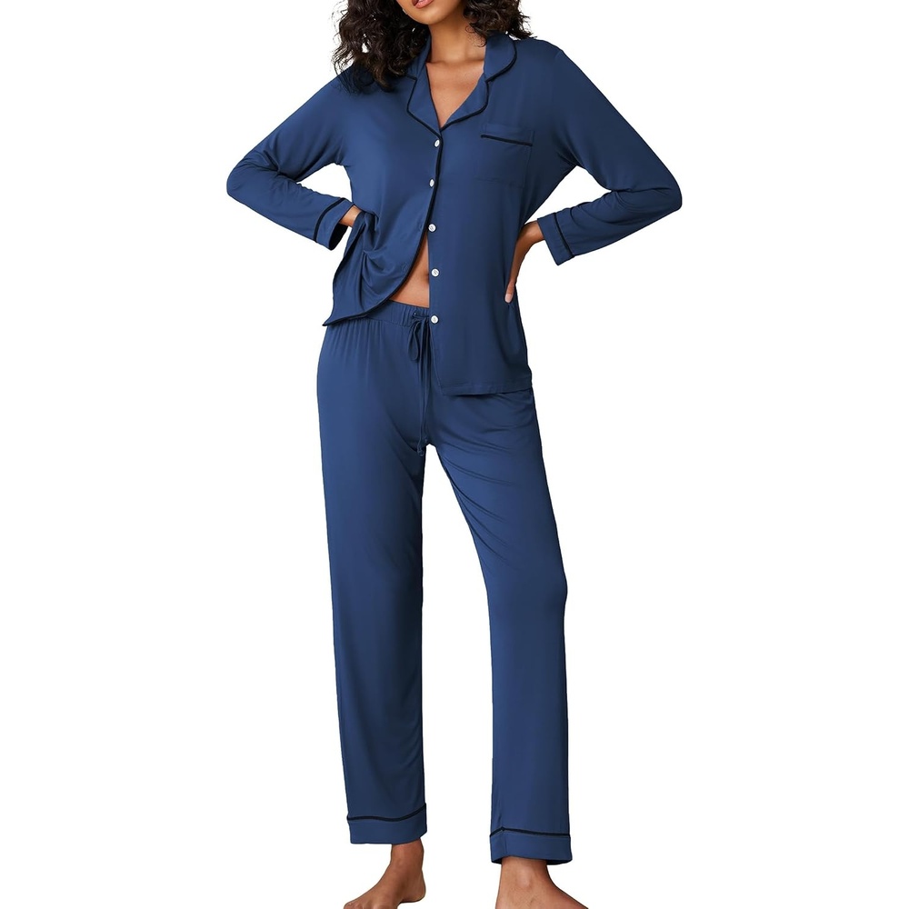 image:imageEkouaer Pajamas Womens Long Sleeve Sleepwear Button Down Loungewear Pjs SetNavy Blue