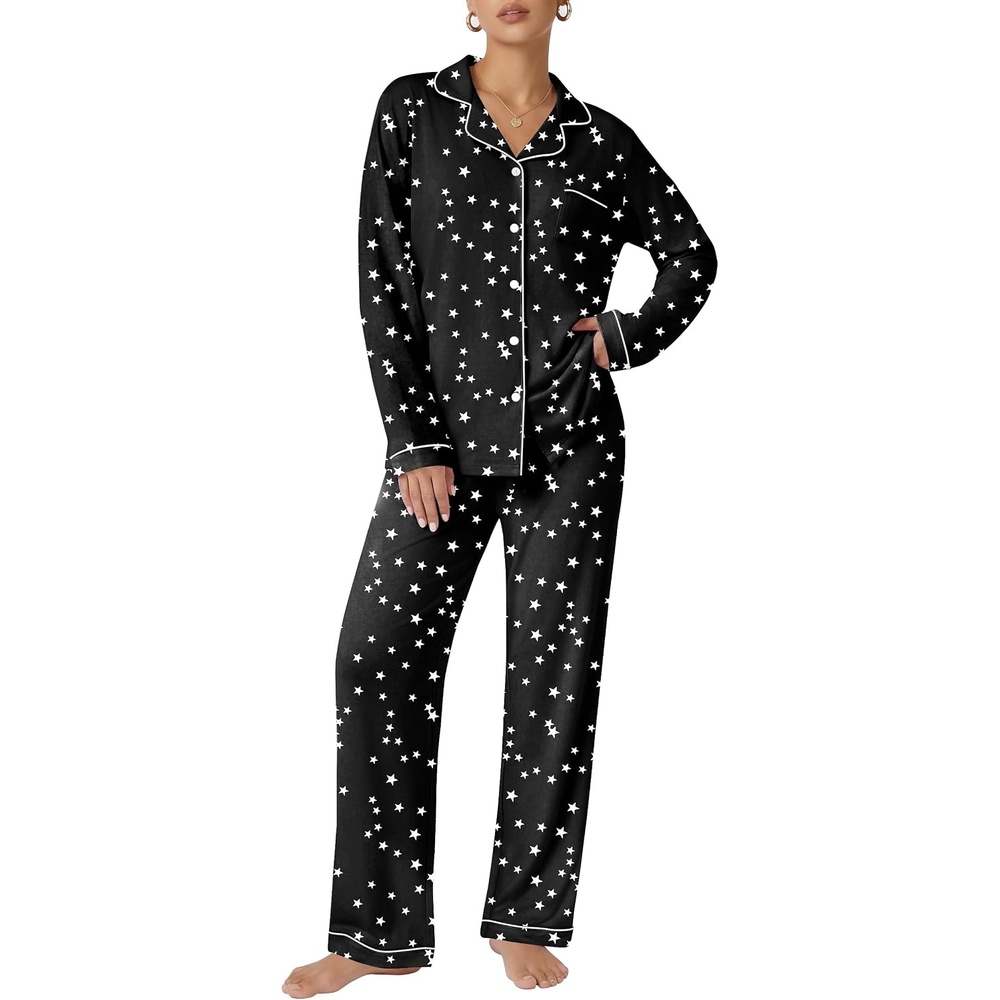 image:imageEkouaer Pajamas Womens Long Sleeve Sleepwear Button Down Loungewear Pjs SetStars Pattern Black