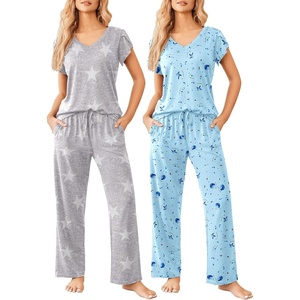 Ekouaer 2 Pack Womens Pajama Set Short Sleeve Sleepwear Soft Pjs Lounge Set(Gray Star/Blue Star)