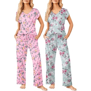 Ekouaer 2 Pack Womens Pajama Set Short Sleeve Sleepwear Soft Pjs Lounge Set(Light Green Flower/Pink Yellow Flower)
