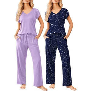 Ekouaer 2 Pack Womens Pajama Set Short Sleeve Sleepwear Soft Pjs Lounge Set(Lilac Dots/Navy Star)