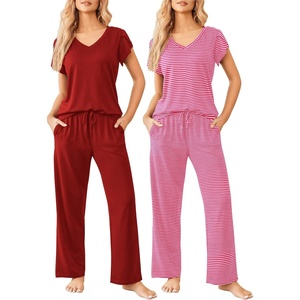 Ekouaer 2 Pack Womens Pajama Set Short Sleeve Sleepwear Soft Pjs Lounge Set(Wine Red/Red Stripe)