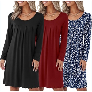Ekouaer 3 Pack Womens Long Sleeve Nightgowns Soft Sleep Shirt Sleepwear | Multi-pieces Night Gowns, A-line Loose Night Dress, Above Knee Short Nightshirt, Gardening Floral House Dress, Vacation Dress(Black wine Red black White Flower)
