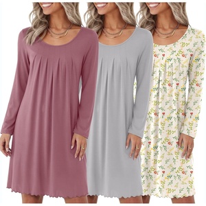 Ekouaer 3 Pack Womens Long Sleeve Nightgowns Soft Sleep Shirt Sleepwear | Multi-pieces Night Gowns, A-line Loose Night Dress, Above Knee Short Nightshirt, Gardening Floral House Dress, Vacation Dress(Pink grey yellow Floral)