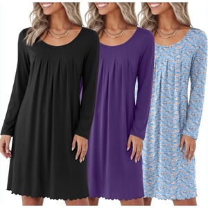 Ekouaer 3 Pack Womens Long Sleeve Nightgowns Soft Sleep Shirt Sleepwear | Multi-pieces Night Gowns, A-line Loose Night Dress, Above Knee Short Nightshirt, Gardening Floral House Dress, Vacation Dress(Black purple blue Flower)