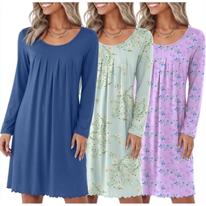 Ekouaer 3 Pack Womens Long Sleeve Nightgowns Soft Sleep Shirt Sleepwear | Multi-pieces Night Gowns, A-line Loose Night Dress, Above Knee Short Nightshirt, Gardening Floral House Dress, Vacation Dress(Navy purple Floral green Floral)