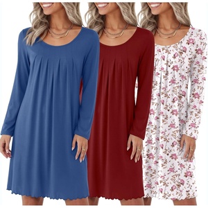 Ekouaer 3 Pack Womens Long Sleeve Nightgowns Soft Sleep Shirt Sleepwear | Multi-pieces Night Gowns, A-line Loose Night Dress, Above Knee Short Nightshirt, Gardening Floral House Dress, Vacation Dress(Navy wine Red white Pink Flower)