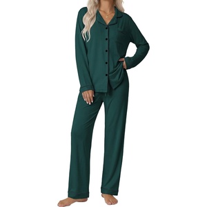 Ekouaer Pajamas Womens Long Sleeve Sleepwear Button Down Loungewear Pjs Set(Dark Green)