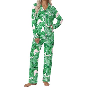 Ekouaer Pajamas Womens Long Sleeve Sleepwear Button Down Loungewear Pjs Set(Green Leaves)