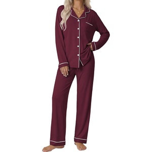 Ekouaer Pajamas Womens Long Sleeve Sleepwear Button Down Loungewear Pjs Set(Wine Red)