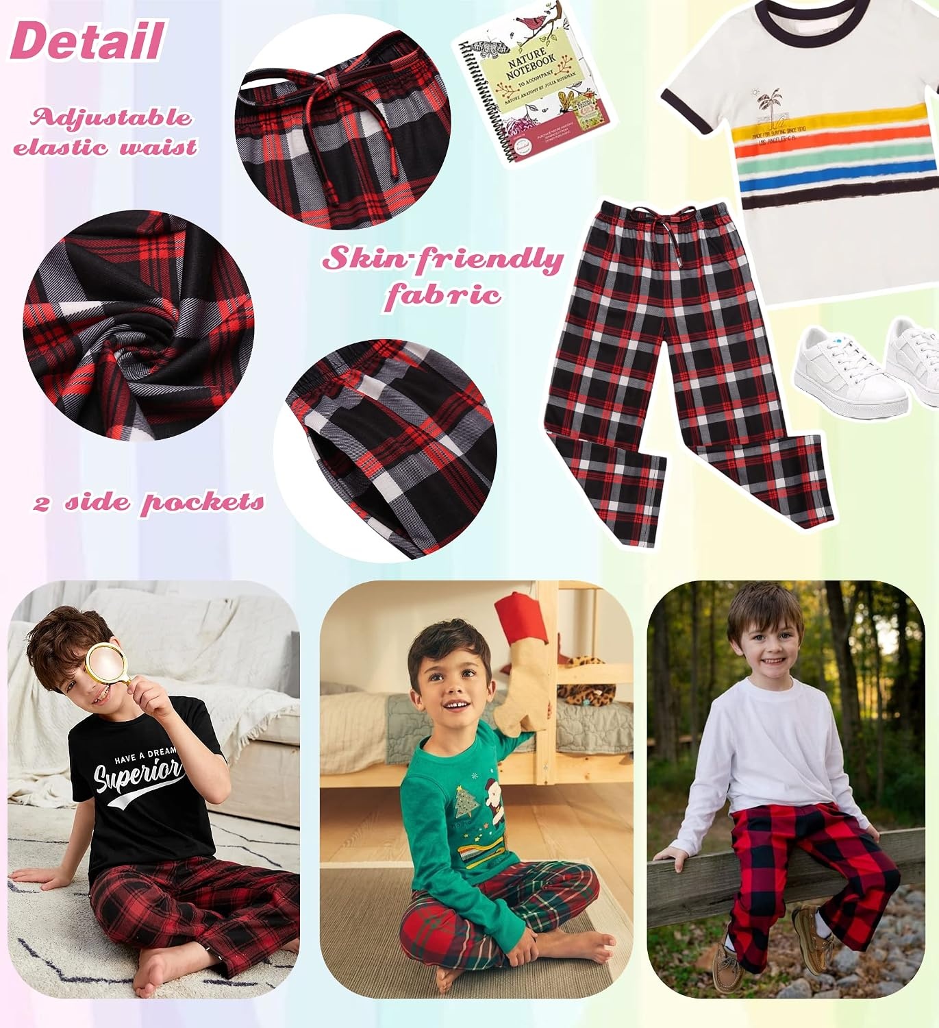 image:imageEkouaer Boys Pajama Pants Plaid Bottoms Comfy Elastic Waist Pjs BottomsAyarn Dyed Lattice2