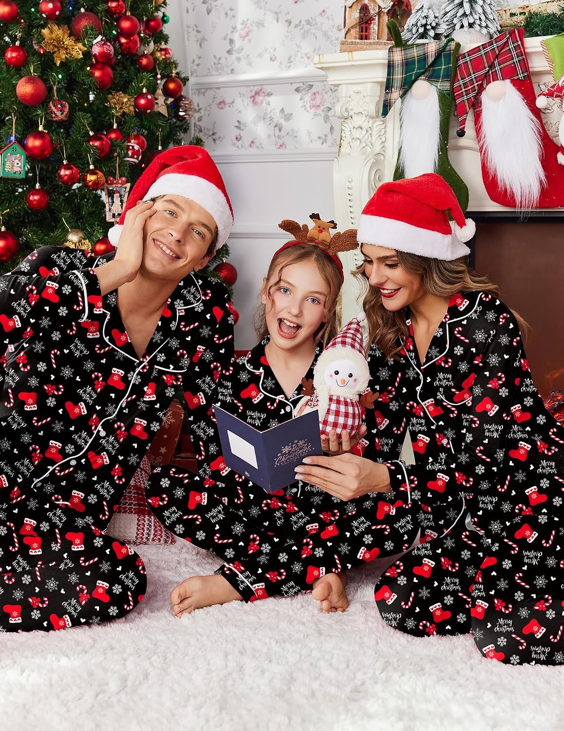 image:imageEkouaer Christmas Family Matching Pajamas Long Sleeve Button Down Pj SetChristmas Black