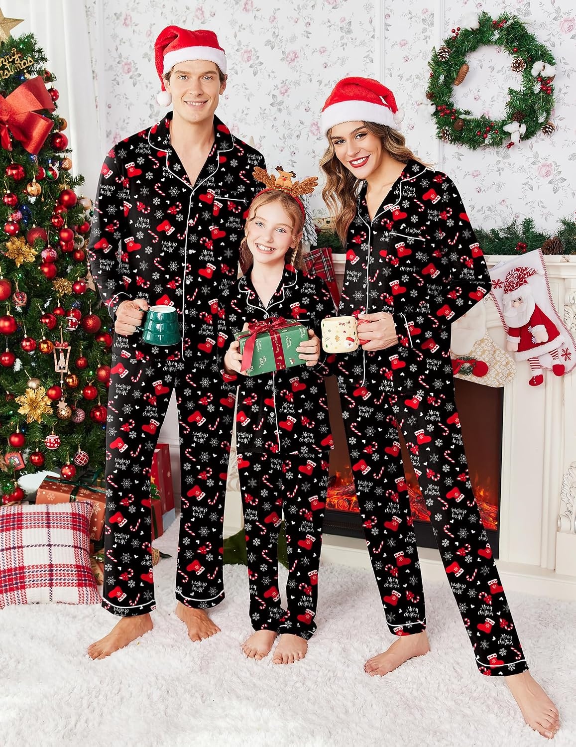 image:imageEkouaer Christmas Family Matching Pajamas Long Sleeve Button Down Pj SetChristmas Black