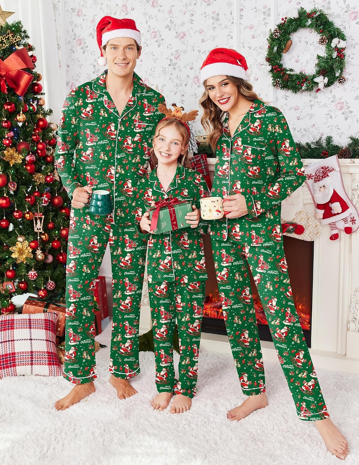 image:imageEkouaer Christmas Family Matching Pajamas Long Sleeve Button Down Pj SetChristmas Green