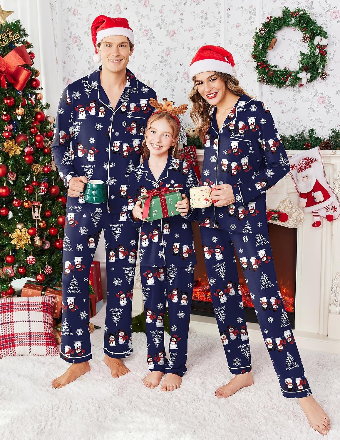image:imageEkouaer Christmas Family Matching Pajamas Long Sleeve Button Down Pj SetChristmas Navy