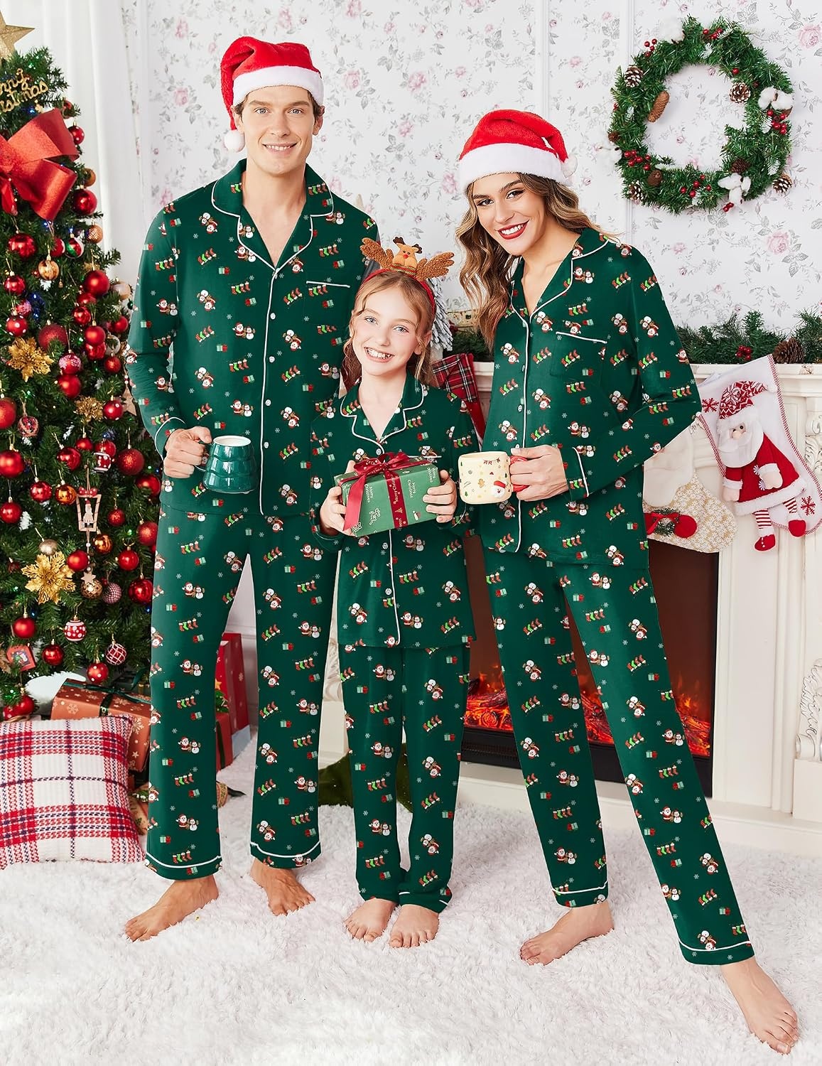 image:imageEkouaer Christmas Family Matching Pajamas Long Sleeve Button Down Pj SetDark GreenCute Pattern