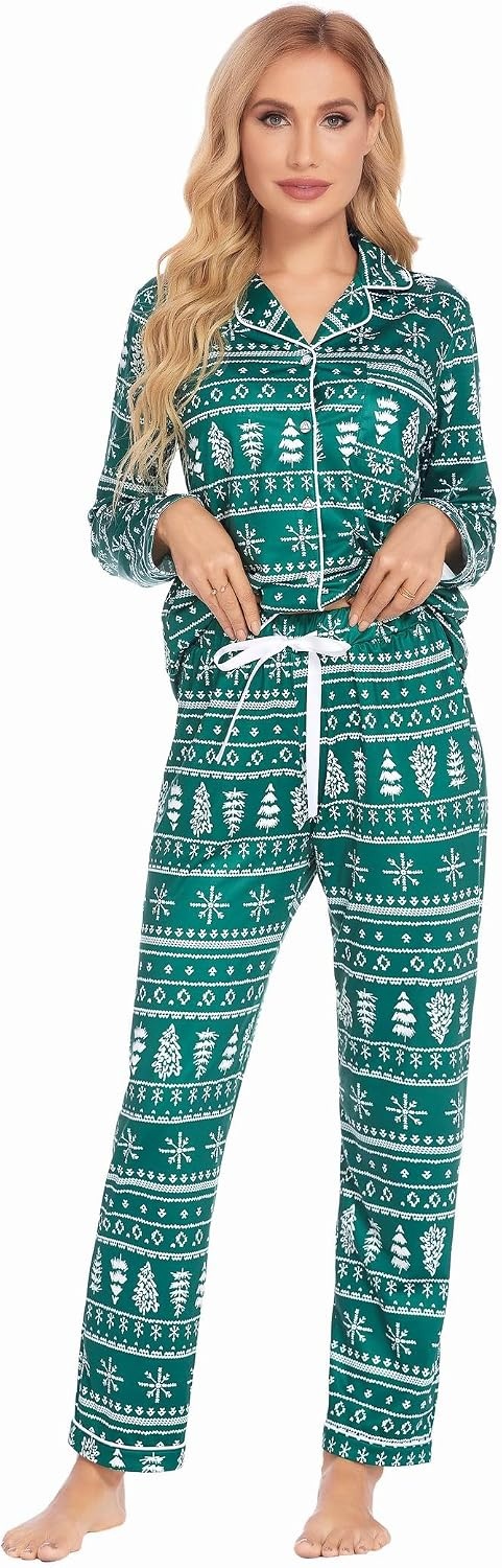 image:imageEkouaer Christmas Family Matching Pajamas Long Sleeve Button Down Pj SetDark GreenSnowflake